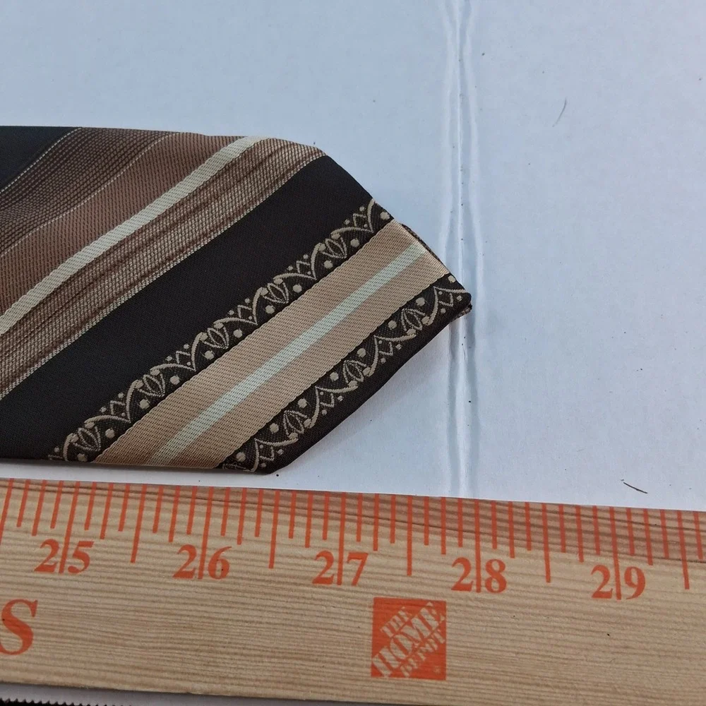 Beau Brummell Necktie Mens Brown Tan Striped Vintage Geometric Embroidered Tie